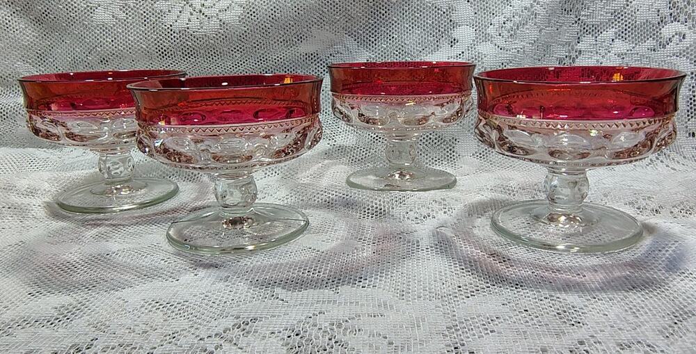 4 Vintage Tiffin Kings Crown Thumbprint Ruby Red Flash Sherbet Glass (#2)